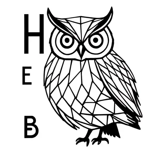 A minimalist, geometric blackwork owl silhouette. The letters H, E, B, and A are integrated into the design using negati tattoo design idea