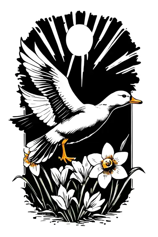 duck flying with daffodils and ray of sun shining tattoo design idea