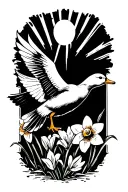 duck flying with daffodils and ray of sun shining tattoo design idea