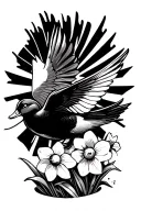 duck flying with daffodils and ray of sun shining tattoo design idea