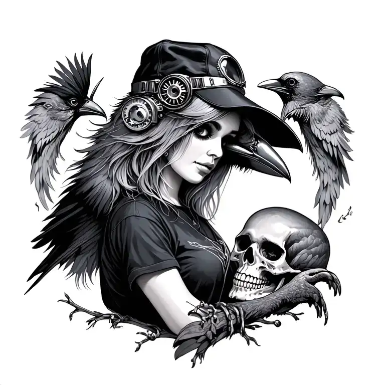 steampunk crow and skull w beautiful girl w shirt grey hair n black backwards hat tattoo design idea