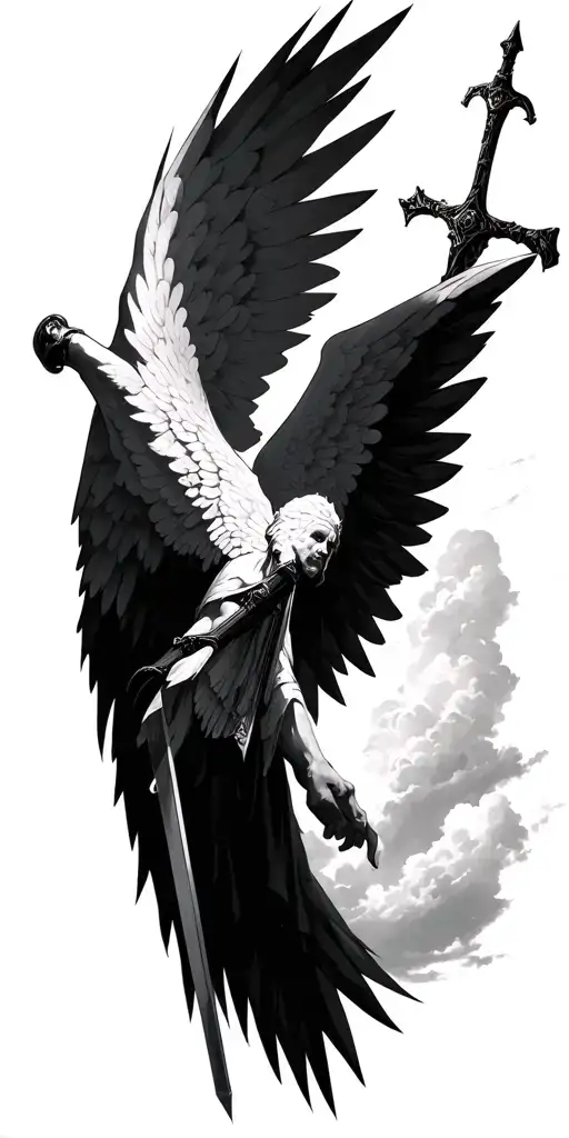 Angle with wings reaching for sword in sky biblical  tattoo design idea