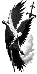 Angle with wings reaching for sword in sky biblical  tattoo design idea