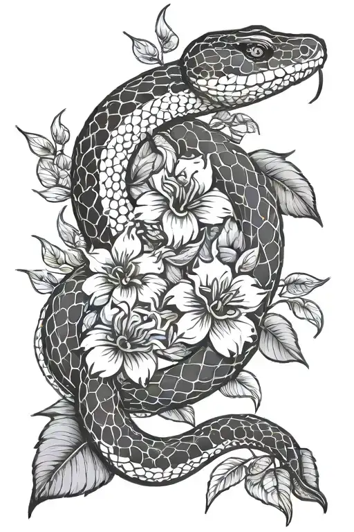 snakes and flowers fan leaves tattoo design idea