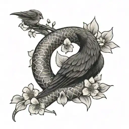 cherry blossoms with a snake holding a crow  tattoo design idea