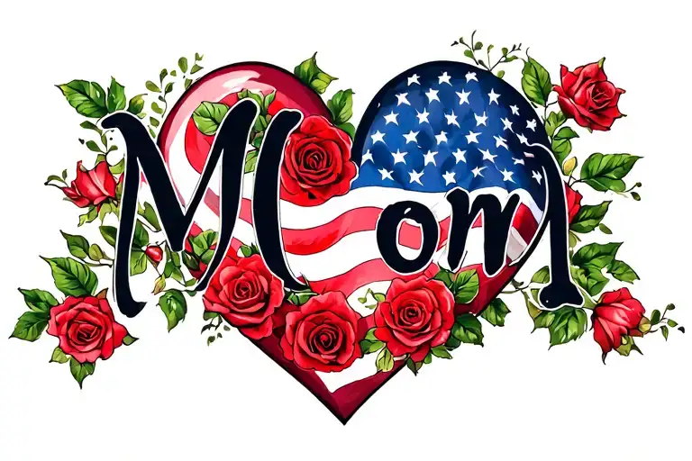 "Mom" american flag heart with roses tattoo design idea