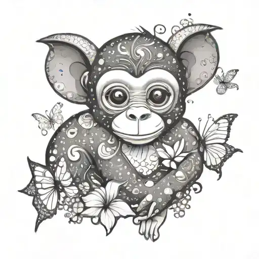 cute cartoon style monkey and white butterflies surrounding tattoo design idea