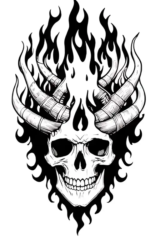 skull with horns surround by fire tattoo design idea