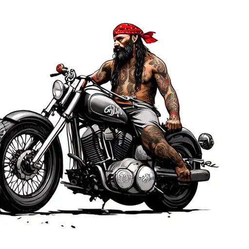 gypsy man with red bandana in head, biker, motorcycle, road tattoo design idea