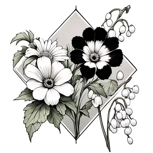 put 2 primroses, a daisy, and a lily of the valley inside of a double diamond overlapping background  tattoo design idea
