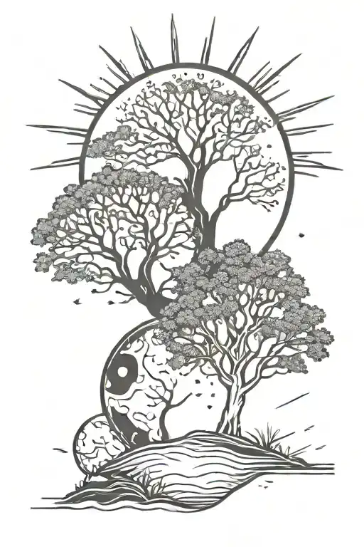 sun and moon with northern light behind. below two trees  one in back and white the other in color tattoo design idea