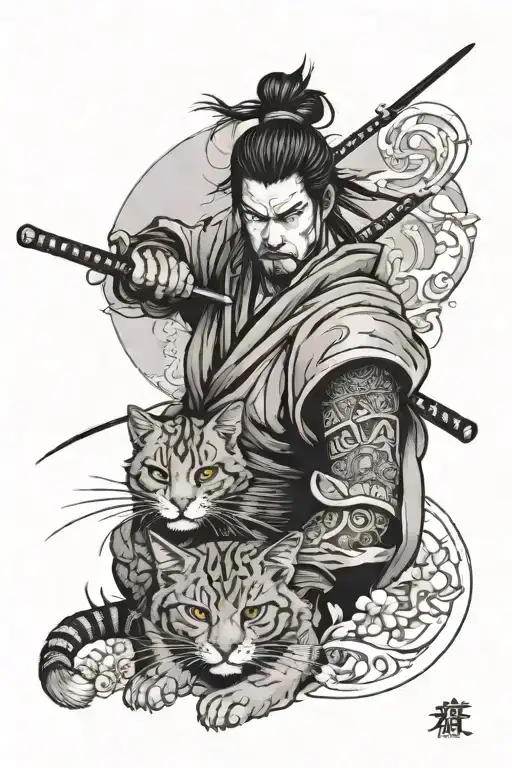 A samurai and a cat on the wrist of 12 centimeters tattoo design idea