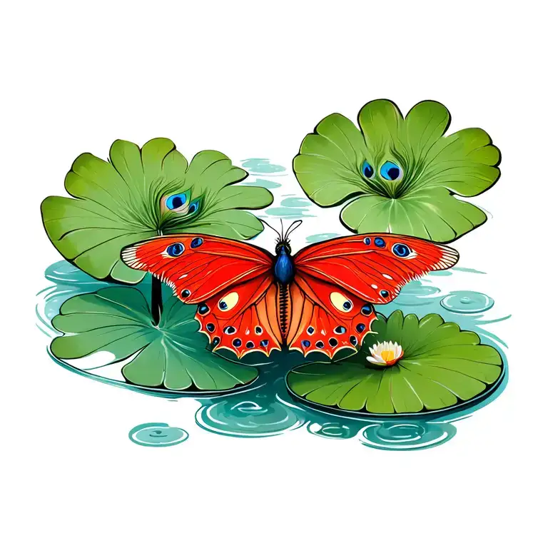 diagonally placed scarlet peacock butterfly on a water lily pad with one wing showing, perched tattoo design idea