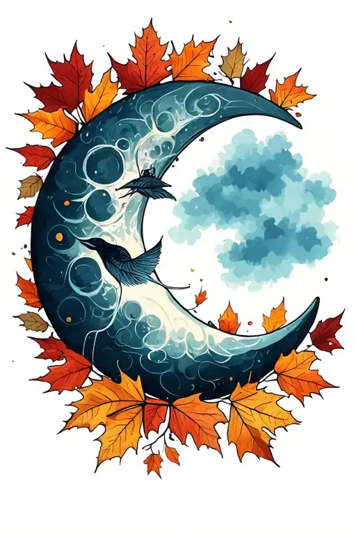 half moon surrounded by fall leaves tattoo design idea