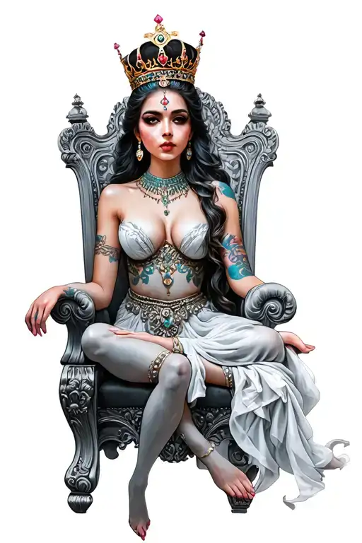 Prara Pincher sitting on a throne with her crown tattoo design idea