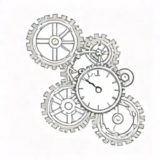 A clock with gears representing the past, present, and future intertwined tattoo design idea
