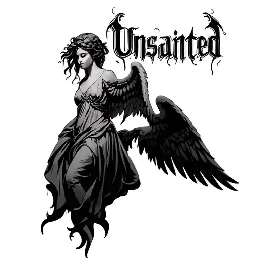 in the background there are many intersections, an angel, the inscription "unsainted", gothic patterns tattoo design idea