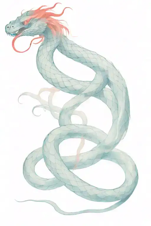 create a tattoo sketch on a white background, a black snake and a red dragon are intertwined together, and the style is like smoke tattoo design idea