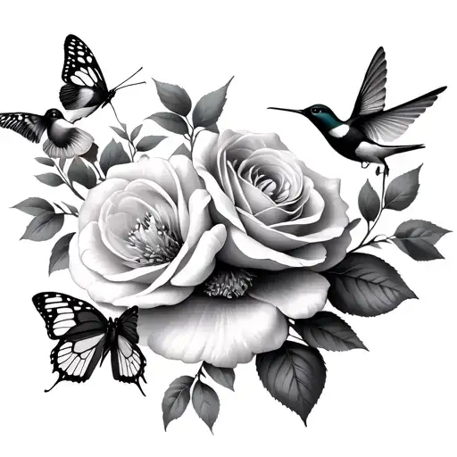 peach blossoms with butterflies and roses with hummingbirds  tattoo design idea