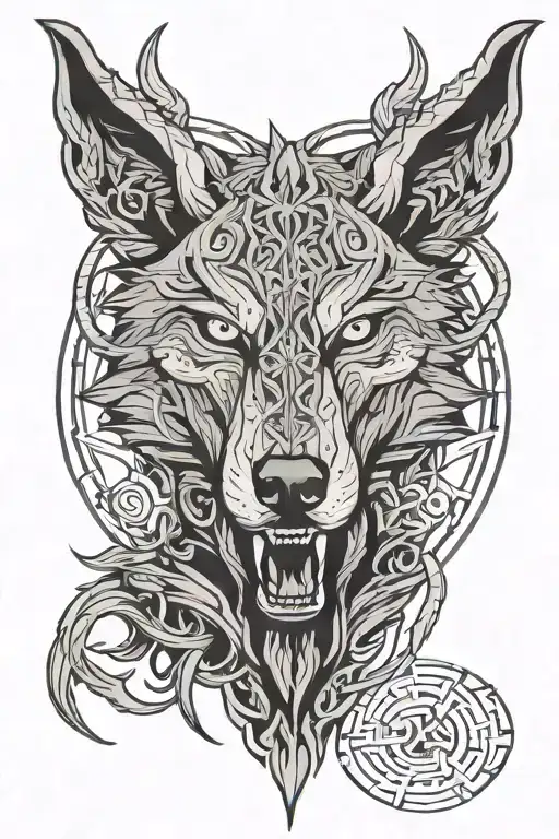 angry fenrir with runes wrapping, nordic, black and grey, with not allot of black tattoo design idea
