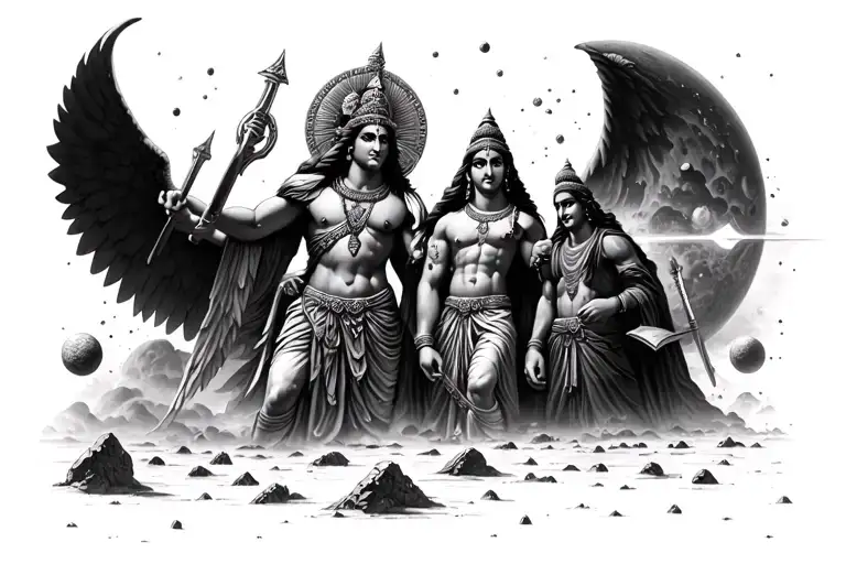 Arjuna; Krishna and Saint Michael at war against demonds with planets being hit by asteroids in the background tattoo design idea