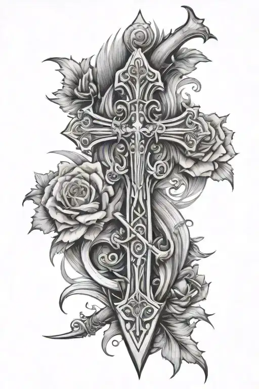 cross, family, faith, sword intertwined tattoo design idea