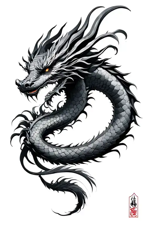Dragon for a woman's back with fine features, in Asian style, slender tattoo design idea