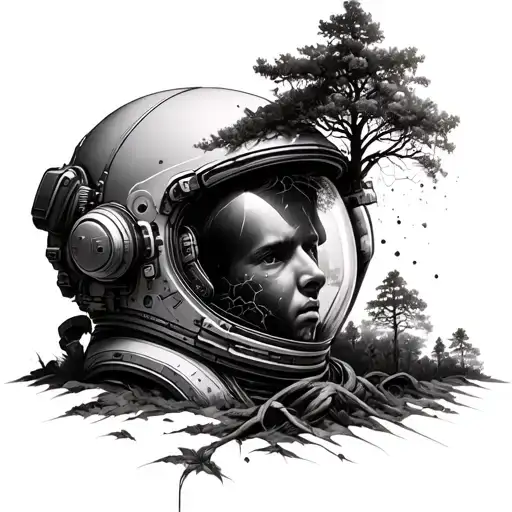 broken astronaut helmet with trees growing through it  tattoo design idea