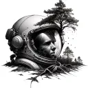 broken astronaut helmet with trees growing through it  tattoo design idea