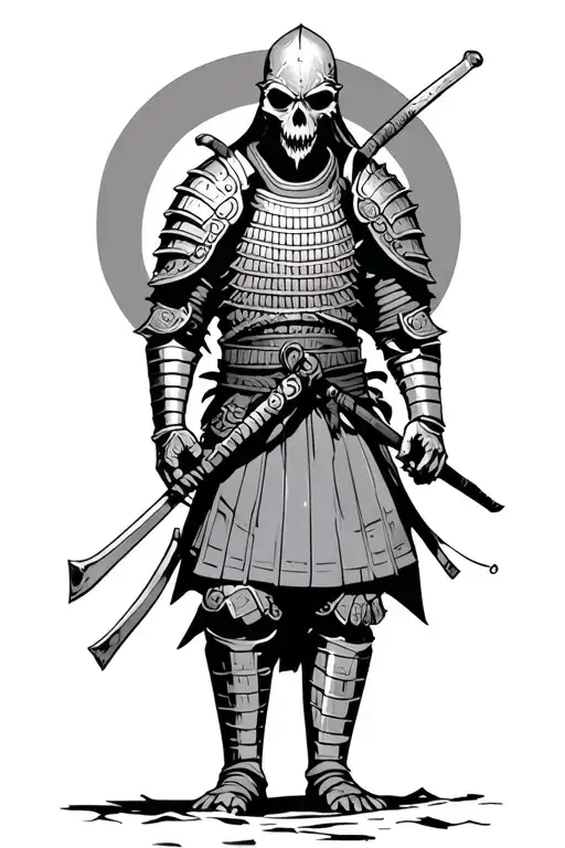 a lonely undead samurai in armor standing sideways to the setting sun tattoo design idea
