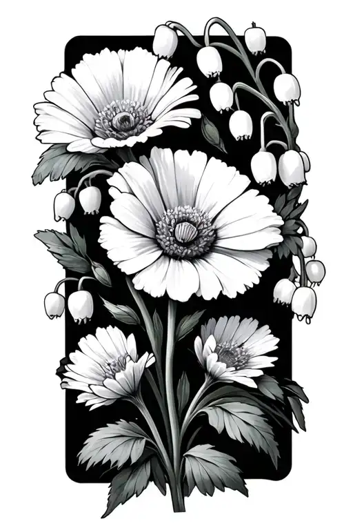 Daisy flower Poppy flower Aster flower Lily of the valley flower with vine tattoo design idea