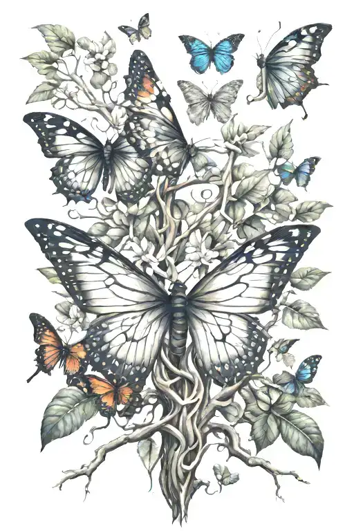 butterfly banyan tree growing tattoo design idea