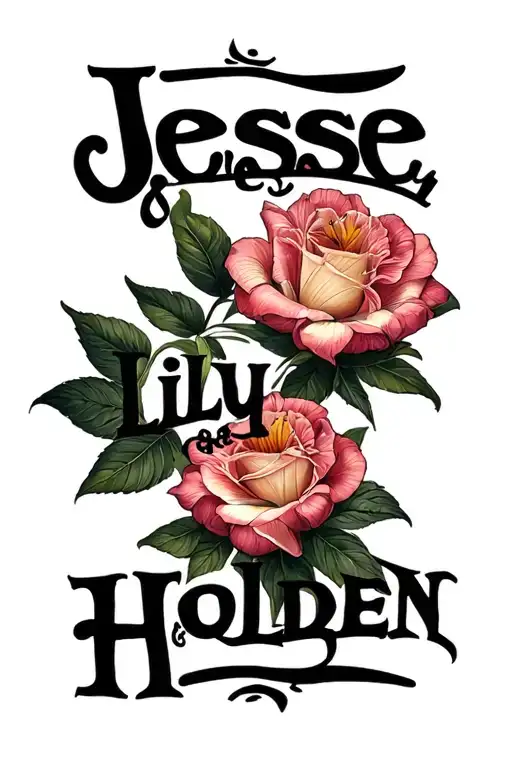 "Jesse,Lily&Holden" names written tattoo design idea