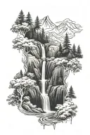mountains, forests, and waterfall flowing tattoo design idea