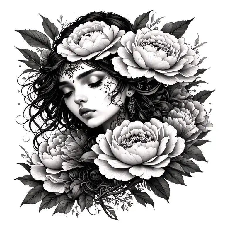 woman emerging from peonies, strength, resiliance, warrior tattoo design idea