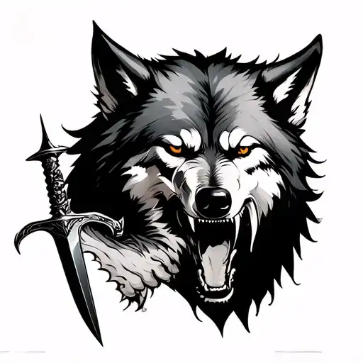wolf biting dagger tattoo design idea