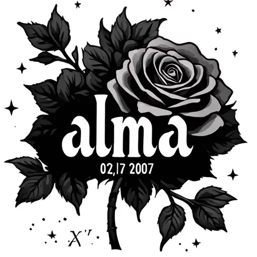 Roses with the name alma. Background is cloudy and stars and roman numerals of the date 02/01/2007 tattoo design idea