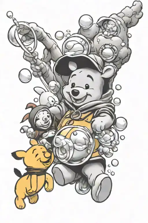 Winnie the Pooh & Friends blowing bubbles tattoo design idea