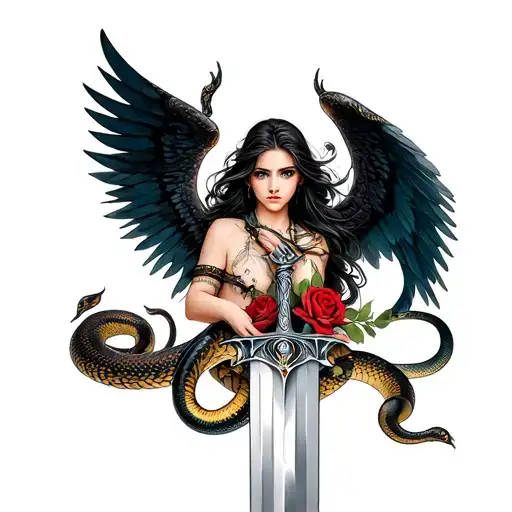 snake wrapped around sword ,wings covering sword  ,woman rising out sword with snake wrapped around her and roses  tattoo design idea