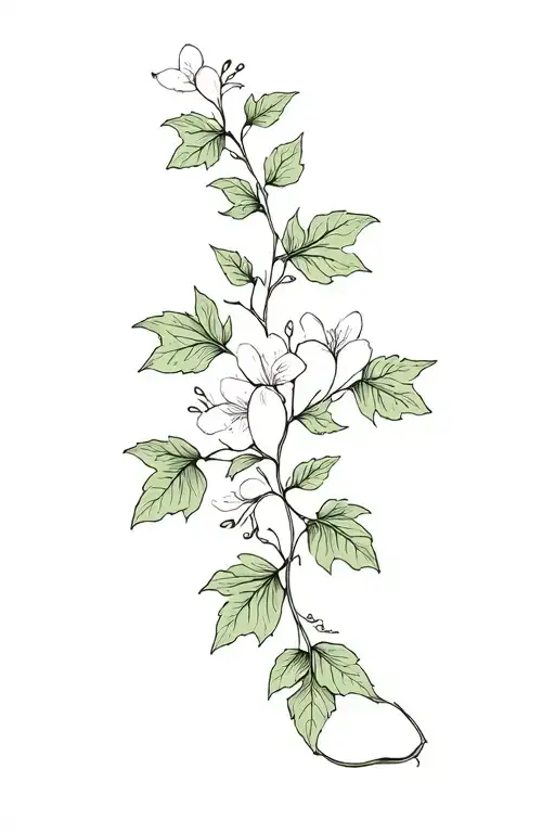 minimalist intertwined ivy leaf vine and honeysuckle flower vine with realistic botanical detail tattoo design idea