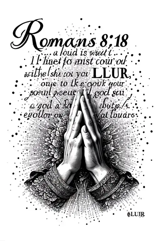 Romans 8:18 bible verse with a praying hands and LLUR underneath  tattoo design idea