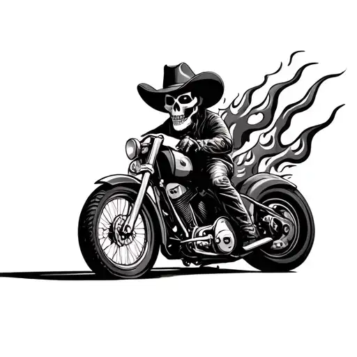 Cowboy hat wearing skull on a motorcycle riding with flames tattoo design idea
