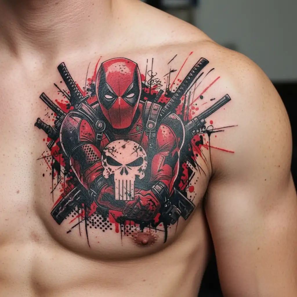 Deadpool with Punisher coat of arms and rebellion logo logo from Star Wars tattoo design idea