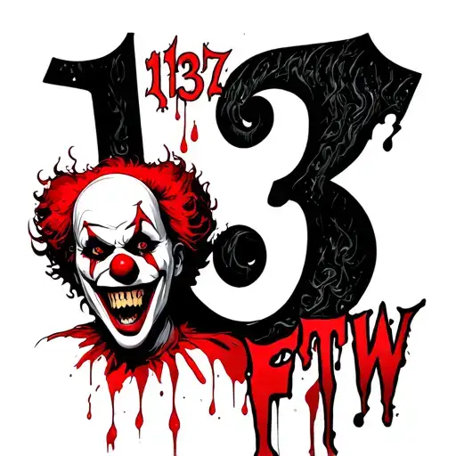 number 13 in blood with an evil clown and FTW in old English text tattoo design idea