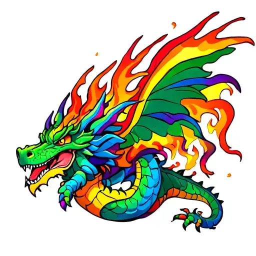 Rainbow serpentine Dragon flying breathing fire tattoo design idea