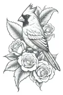 cardinal perched on roses memorial piece with Jesus  tattoo design idea