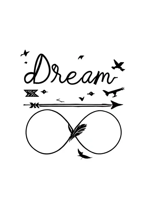 infinity sign with an arrow through it, word dream, also a long feather, birds and an airplane tattoo design idea