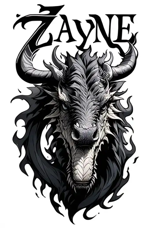 taurus theme dragon flames sons name Zayne tattoo design idea