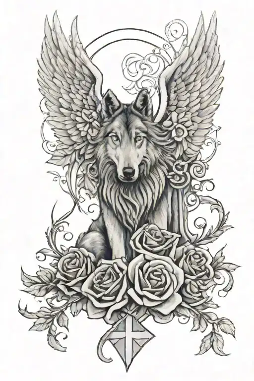 angel wings and halo cross Wolf howling roses entwined says mother tattoo design idea