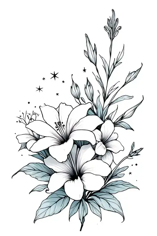 Lillies,hibiscus flowers,minimalist stars and animals tattoo design idea